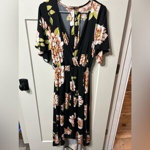 Short sleeve Wrap style Floral High-Low Dress black with Dahlia type flowers
